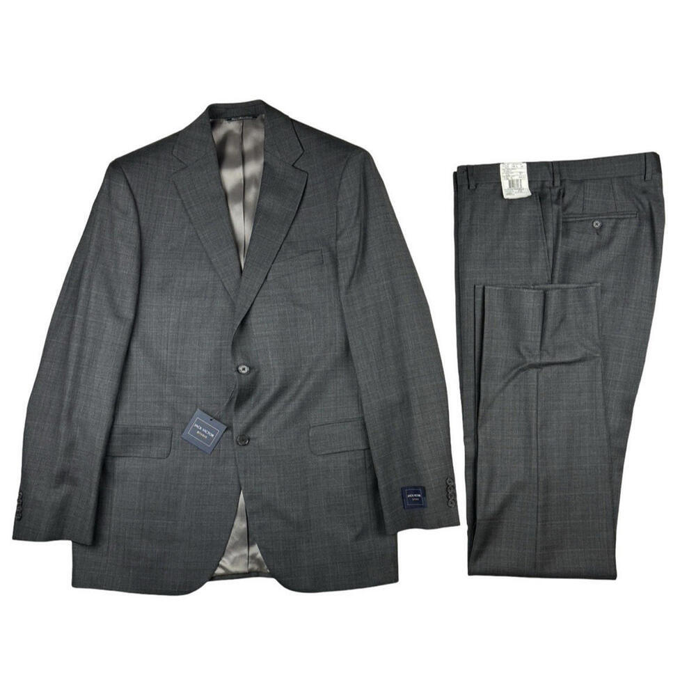 Jack Victor Verona CT Modern Fit Wool 2-Piece Suit Grey Check Size US 40 L | 34